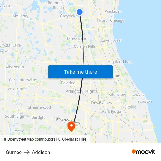 Gurnee to Addison map