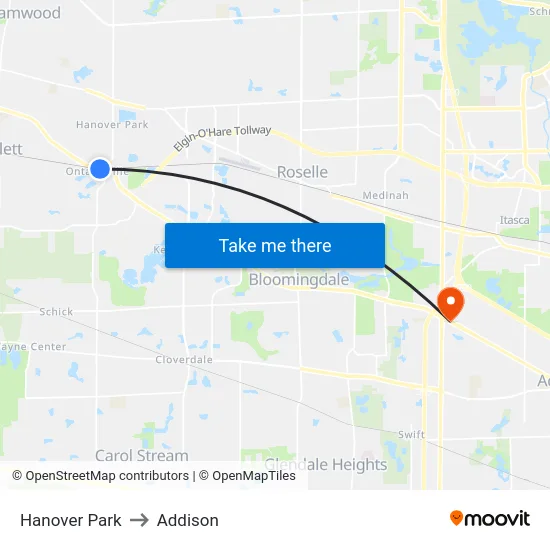 Hanover Park to Addison map