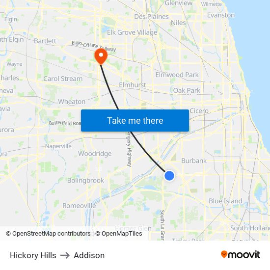 Hickory Hills to Addison map