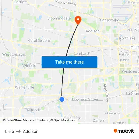 Lisle to Addison map