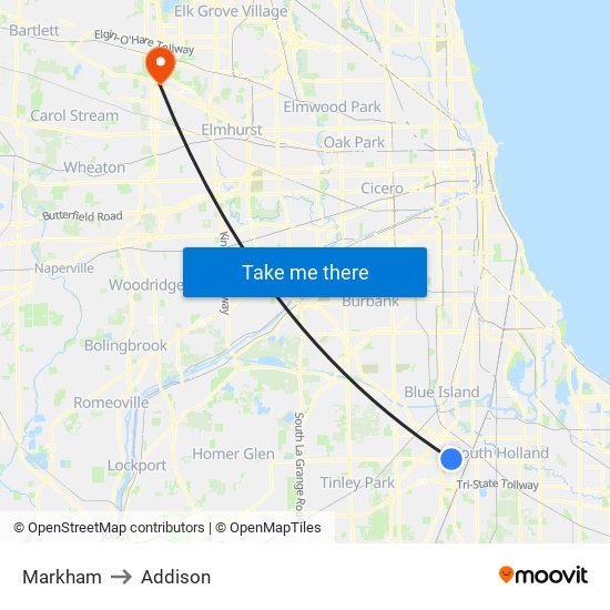 Markham to Addison map