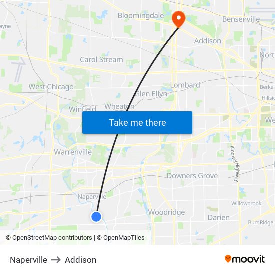 Naperville to Addison map