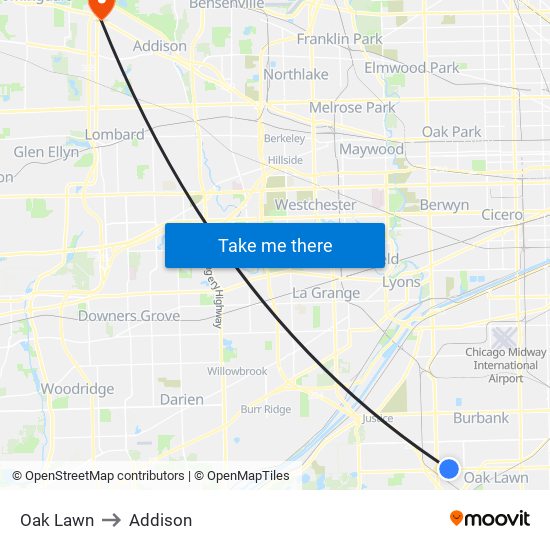Oak Lawn to Addison map