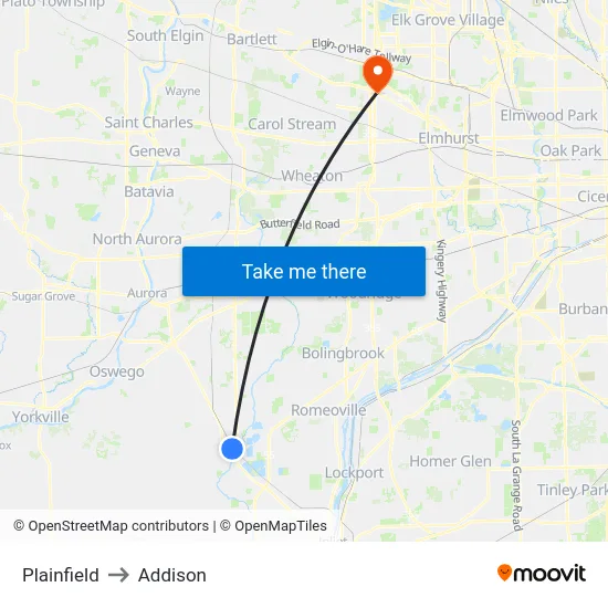 Plainfield to Addison map
