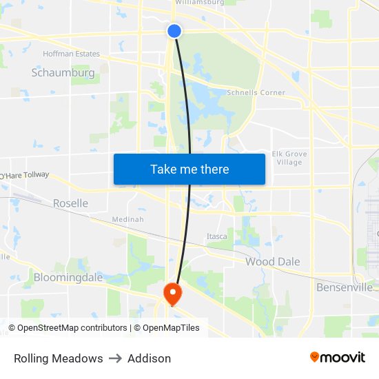 Rolling Meadows to Addison map