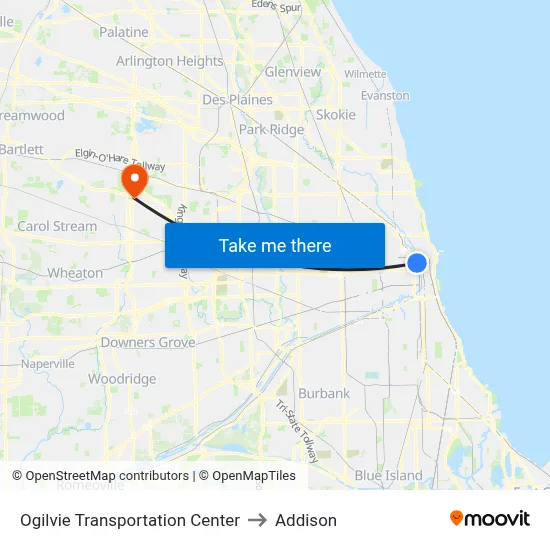 Ogilvie Transportation Center to Addison map