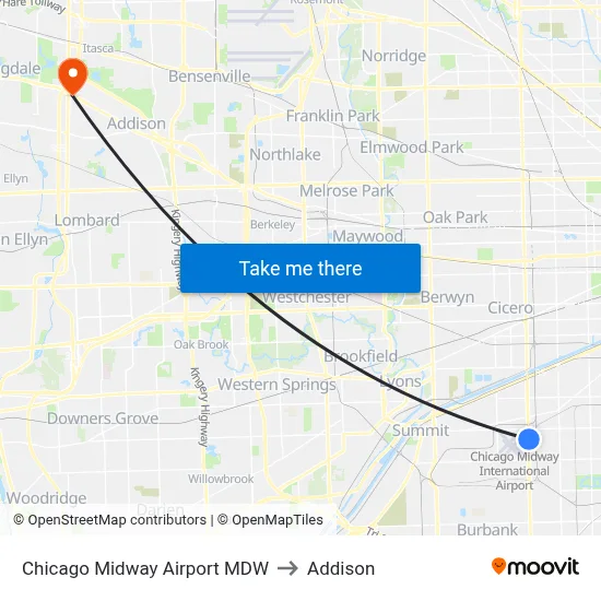 Chicago Midway Airport MDW to Addison map