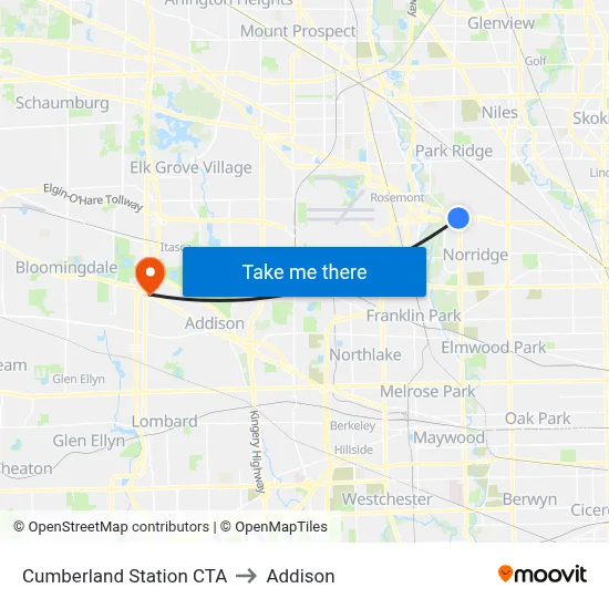 Cumberland Station CTA to Addison map