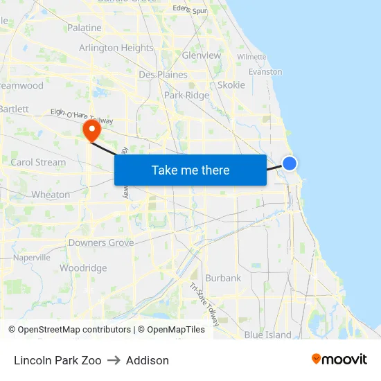 Lincoln Park Zoo to Addison map