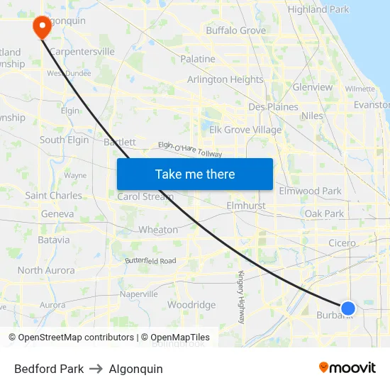 Bedford Park to Algonquin map