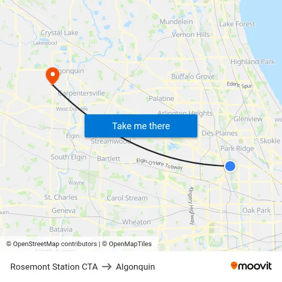 Rosemont Station CTA to Algonquin map
