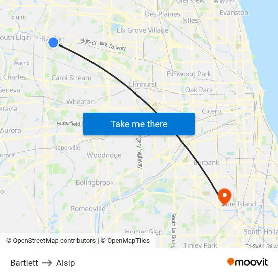 Bartlett to Alsip map