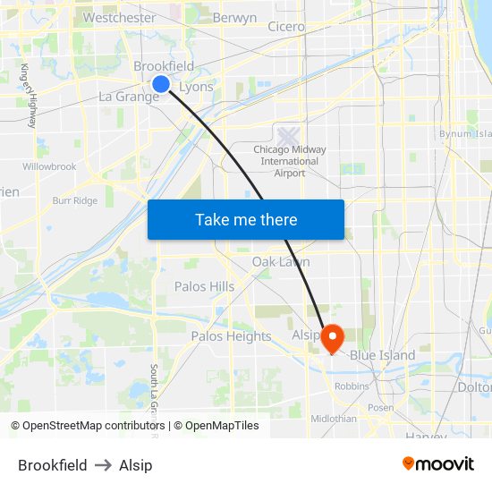 Brookfield to Alsip map