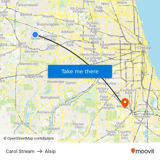 Carol Stream to Alsip map