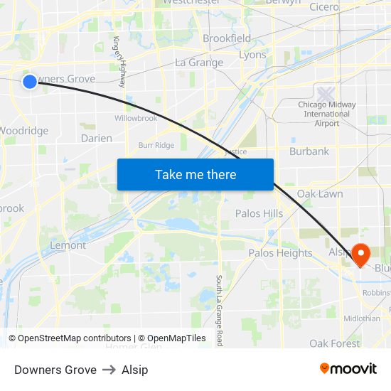 Downers Grove to Alsip map