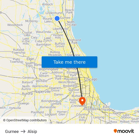 Gurnee to Alsip map