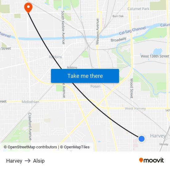 Harvey to Alsip map