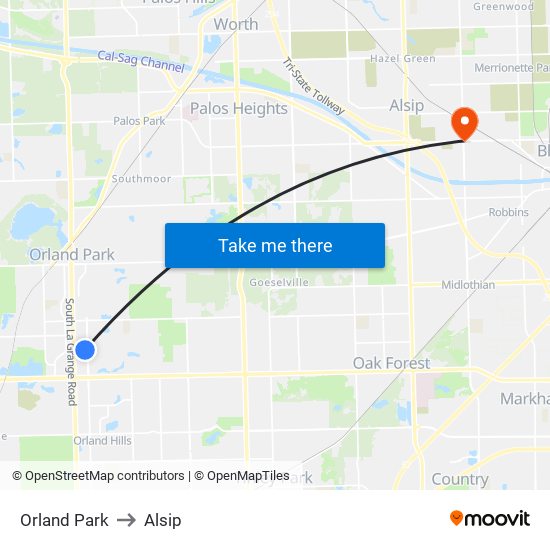 Orland Park to Alsip map
