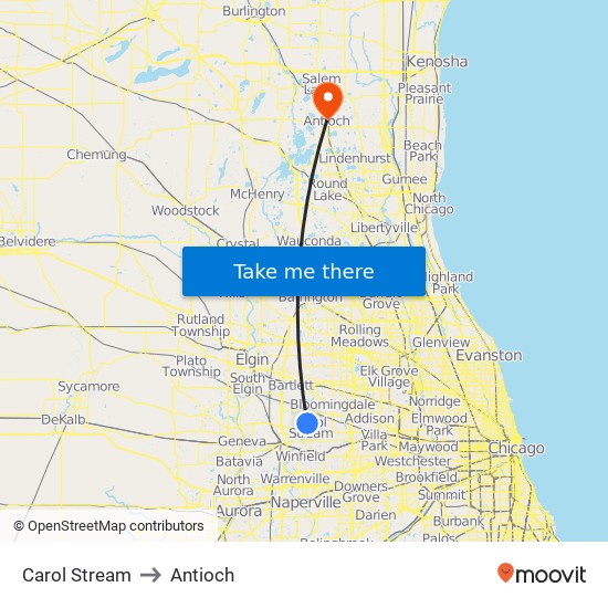 Carol Stream to Antioch map