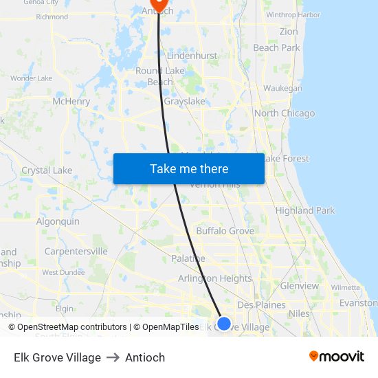 Elk Grove Village to Antioch map