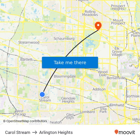 Carol Stream to Arlington Heights map