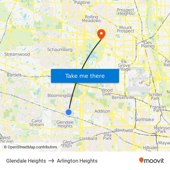 Glendale Heights to Arlington Heights map