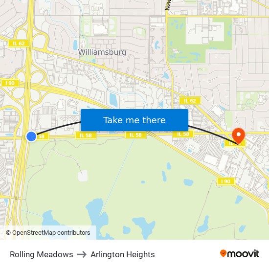 Rolling Meadows to Arlington Heights map