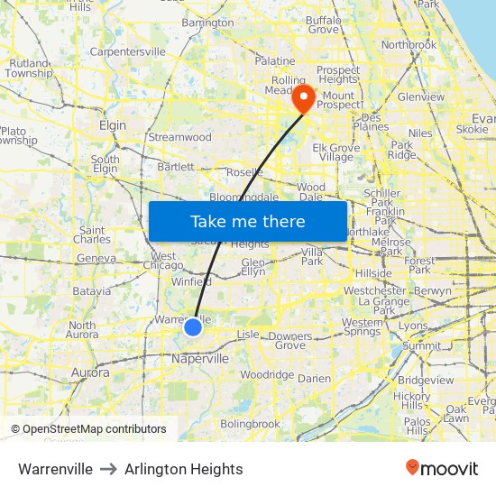 Warrenville to Arlington Heights map