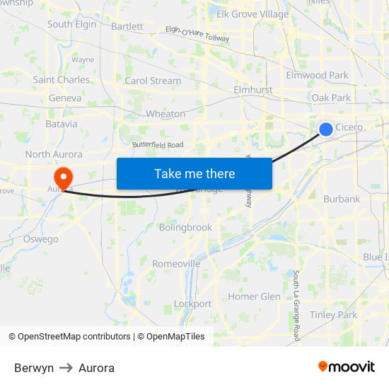 Berwyn to Aurora map