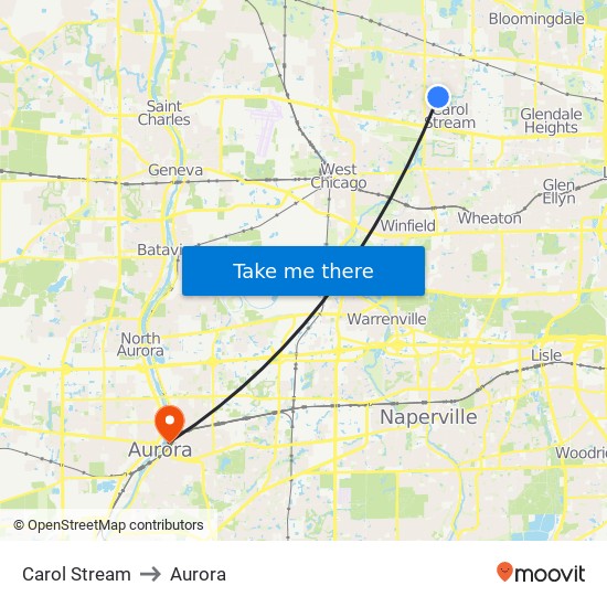 Carol Stream to Aurora map