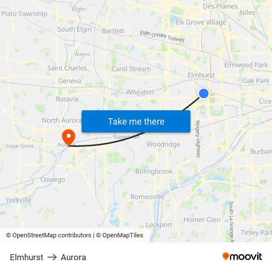 Elmhurst to Aurora map