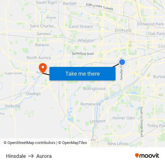 Hinsdale to Aurora map