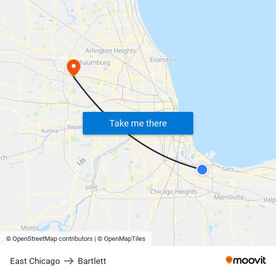 East Chicago to Bartlett map