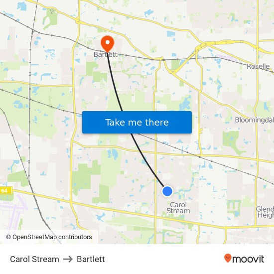 Carol Stream to Bartlett map