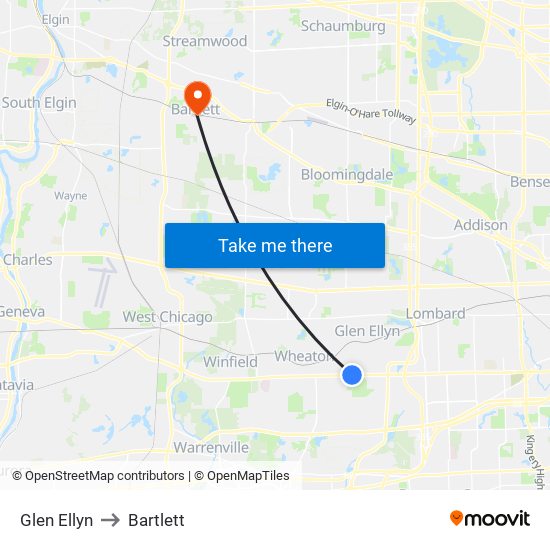 Glen Ellyn to Bartlett map