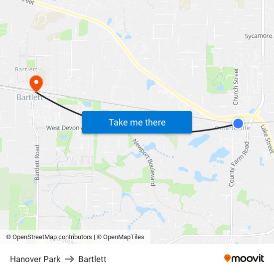 Hanover Park to Bartlett map