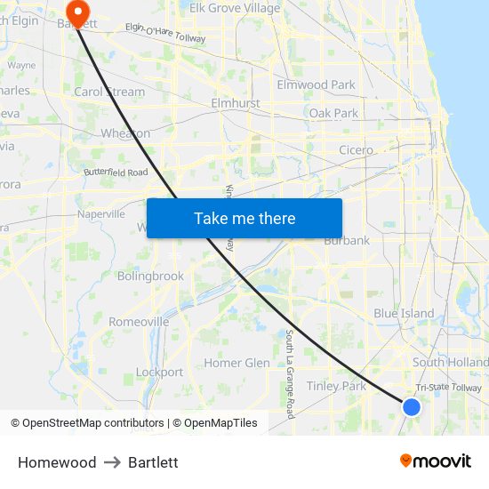 Homewood to Bartlett map