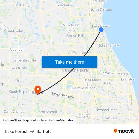 Lake Forest to Bartlett map