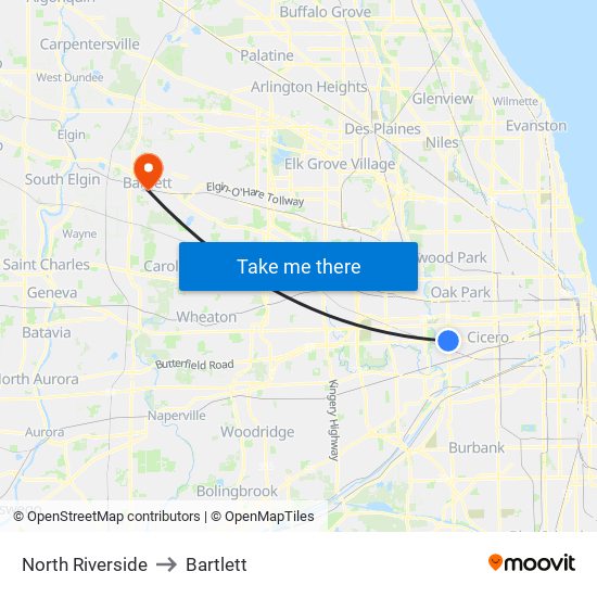 North Riverside to Bartlett map