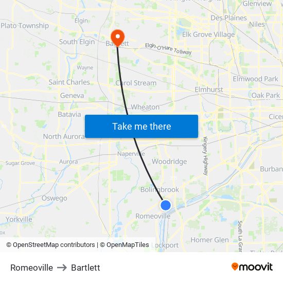 Romeoville to Bartlett map