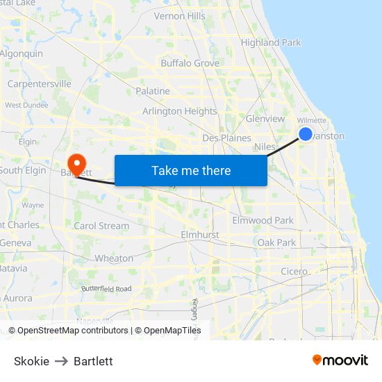 Skokie to Bartlett map