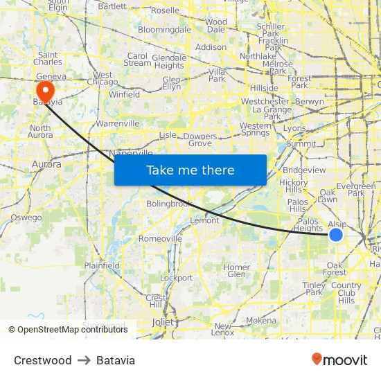 Crestwood to Batavia map