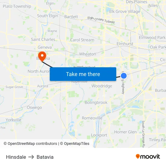 Hinsdale to Batavia map