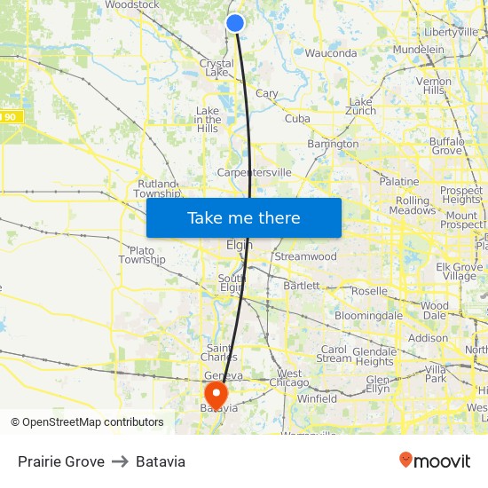 Prairie Grove to Batavia map