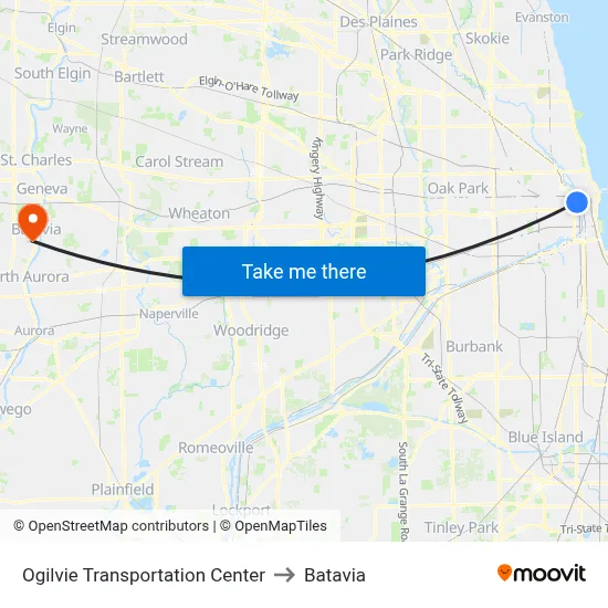Ogilvie Transportation Center to Batavia map