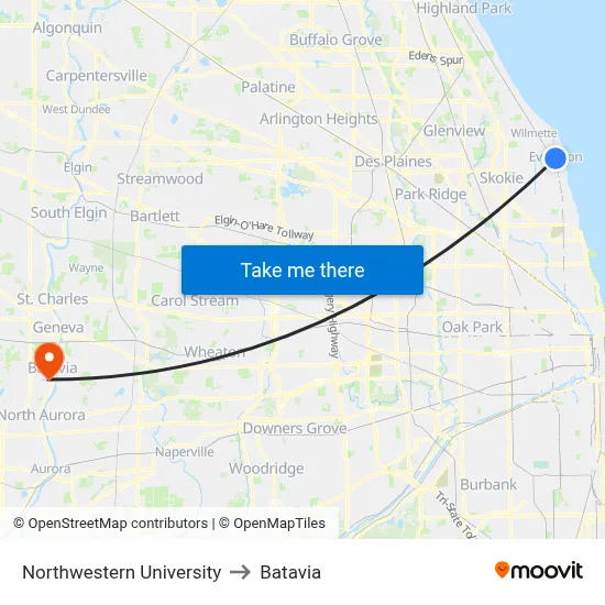 Northwestern University to Batavia map