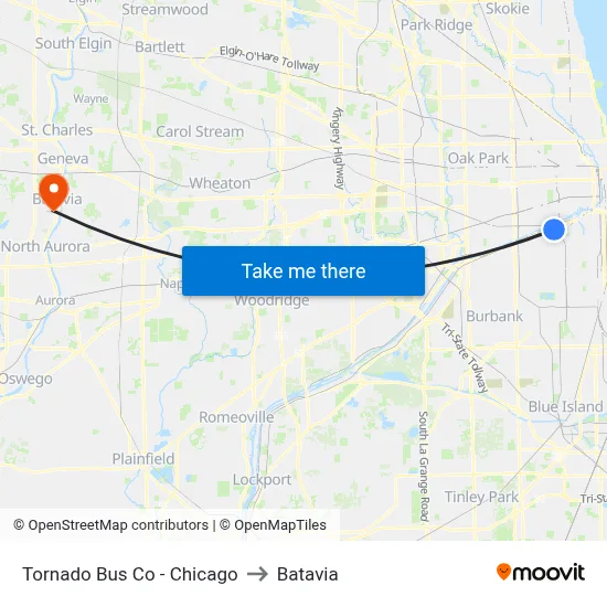 Tornado Bus Co - Chicago to Batavia map