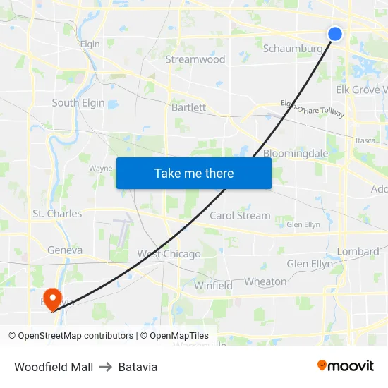 Woodfield Mall to Batavia map