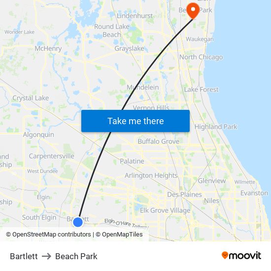 Bartlett to Beach Park map