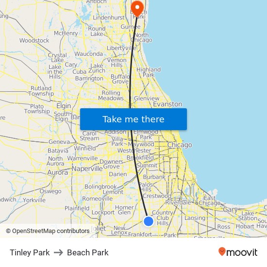 Tinley Park to Beach Park map